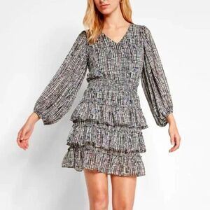 Express Women's Abstract Print V-Neck Long Sleeve Tiered Skirt Mini Dress